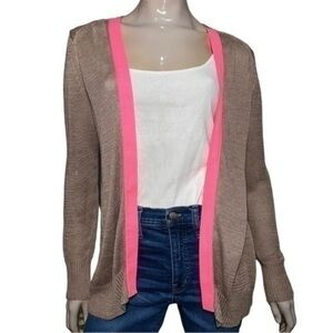 Christopher Fischer Women’s Size S Tan Beige Pink Trim Linen Knit Open Cardigan